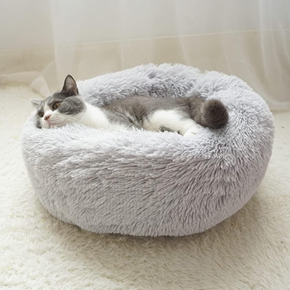 Grey faux-fur donut bed for dogs and cats
