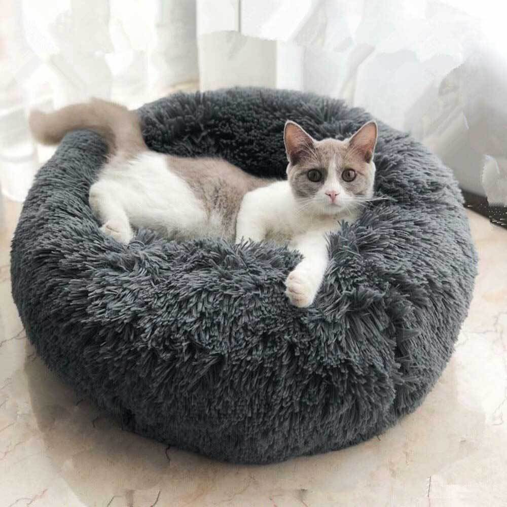Cat relaxing in a dark grey donut pet bed