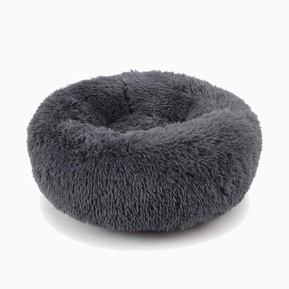 Dark grey faux-fur donut bed for dogs and cats