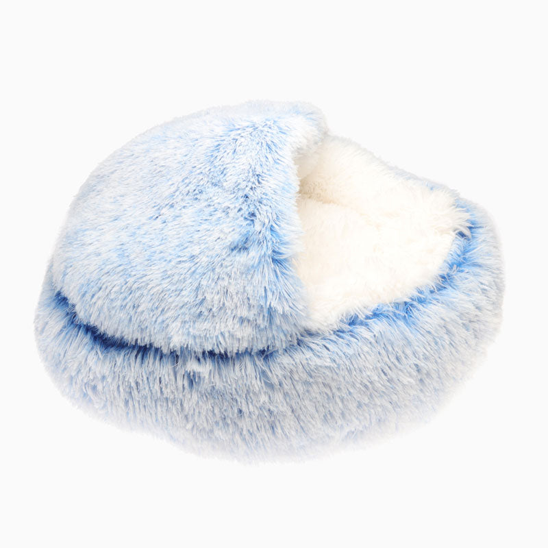 Icy blue faux fur calming dog bed