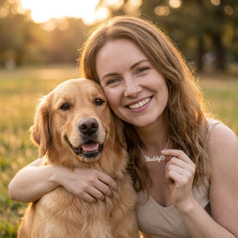 Woman holding a personalised paw-print name necklace beside a Golden Retriever