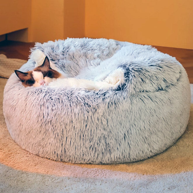 Dog resting in a soft grey calming dog bed